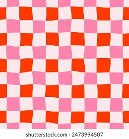 Seamless colorful checkered wavy pink pattern on white background, hand drawn illustration