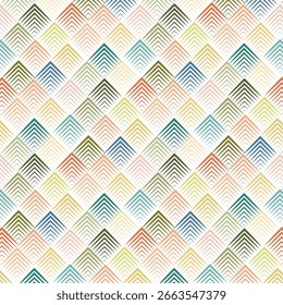 Seamless colorful chevron pattern with geometric diamond shapes, hand-drawn line texture, modern tribal-inspired abstract background for fabric and print