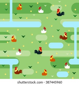 Seamless colorful chickens pattern in flat style, depicting colorful chickens in grassland background.