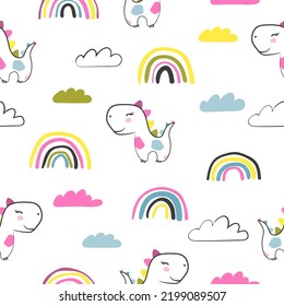 Seamless colorful childish pattern with rainbows and dinosaurs. Vector baby illustration
