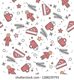 Seamless colorful christmas vector background pattern with pie, gingerbread, fir-tree. Design for party card, wrapping, print.