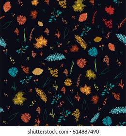 Seamless colorful Christmas winter pattern with fir branches, cones and berries. Can be used for textile design or book cover