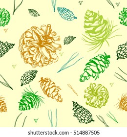 Seamless colorful Christmas winter pattern with fir branches and cones. Can be used for textile design or book cover