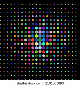 Seamless colorful circles pattern backdrop. Multi color dots halftones on dark background. 