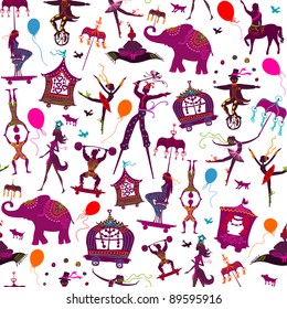 seamless - colorful circus with magician, elephant, dancer, acrobat and various characters
