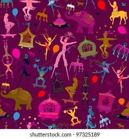 seamless - colorful circus with magician, elephant, dancer, acrobat and various characters