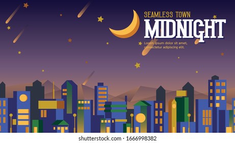 Seamless colorful city pattern at midnight with meteors , stars , crescent moon and mountain.