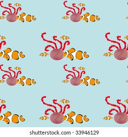seamless colorful clownfish pattern with a piece of coral reef