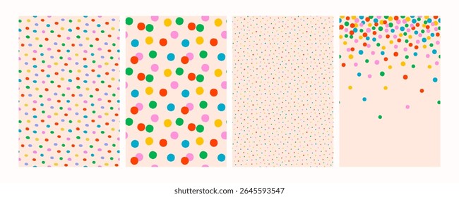 Padrões de pontos de confetes coloridos perfeitos no plano de fundo claro. Planos de fundo vetorial polka lúdico para crianças, tecido divertido, papel de embrulho, convites de festa ou branding. Arraste até o painel Amostras para usar.