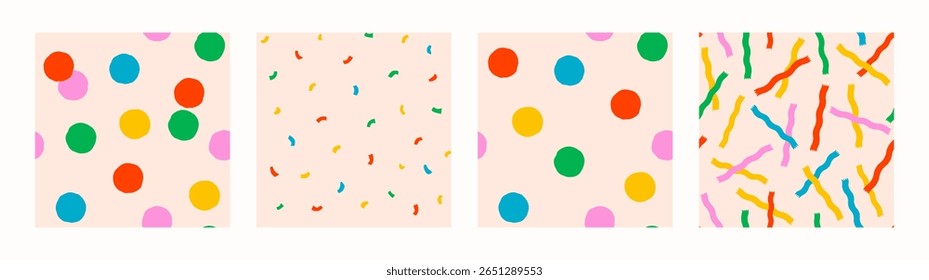 Seamless colorful confetti dots and streamers patterns on light background. Fun polka and ribbon vector for fabric, party wrap, kids crafts, or branding. Drag to swatches panel to use