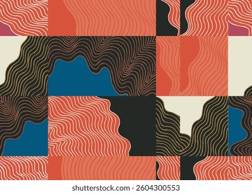 Seamless, colorful crafted hand drawn brush lines abstract water and wave patchwork pattern, Japanese and ethnic wood carving textured background, experimental minimal graphic for carpet, textile