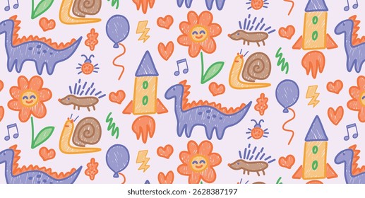 Seamless colorful crayon pattern with dinosaurs and rockets. Flowers with smiling faces, snails and balloons scattered in playful hand-drawn composition. Vector illustration design.