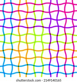 Seamless Colorful crossed lines grid pattern. Neon lines texture. Plaid design. Yellow, blue, green, purple stripes on white background. Wavy striped color repeating background. Vector illustration