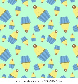 Seamless colorful Cupcake vector pattern illustration. Happy birthday cupcake background. Cupcake pattern background. Sweet pastries decorated with hearts, cherry, flower, wafer stick and chocolate