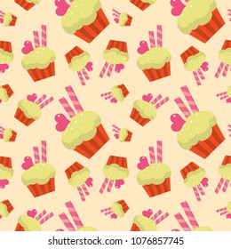 Seamless colorful Cupcake vector pattern illustration. Happy birthday cupcake background. Cupcake pattern background. Sweet pastries decorated with hearts, cherry, flower, wafer stick and chocolate