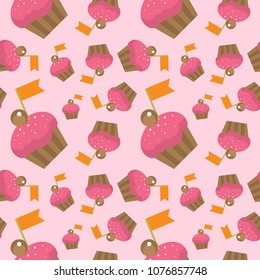 Seamless colorful Cupcake vector pattern illustration. Happy birthday cupcake background. Cupcake pattern background. Sweet pastries decorated with hearts, cherry, flower, wafer stick and chocolate