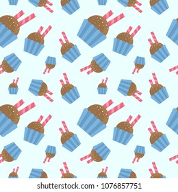 Seamless colorful Cupcake vector pattern illustration. Happy birthday cupcake background. Cupcake pattern background. Sweet pastries decorated with hearts, cherry, flower, wafer stick and chocolate