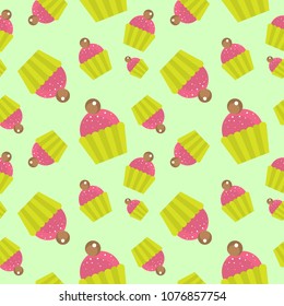 Seamless colorful Cupcake vector pattern illustration. Happy birthday cupcake background. Cupcake pattern background. Sweet pastries decorated with hearts, cherry, flower, wafer stick and chocolate