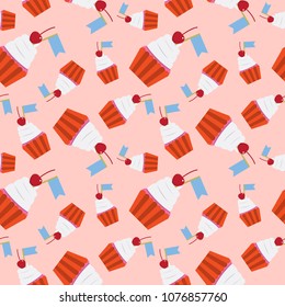 Seamless colorful Cupcake vector pattern illustration. Happy birthday cupcake background. Cupcake pattern background. Sweet pastries decorated with hearts, cherry, flower, wafer stick and chocolate