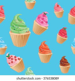 Seamless colorful cupcakes pattern.  Colorful cupcakes with fruits on blue background. 