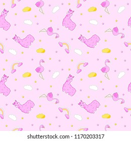 Seamless colorful cute doodle pattern - smiling Llama,cheerful Flamingo,clouds,stars,rainbow on pink background.Color adorable charming characters elements set,scribble ornament