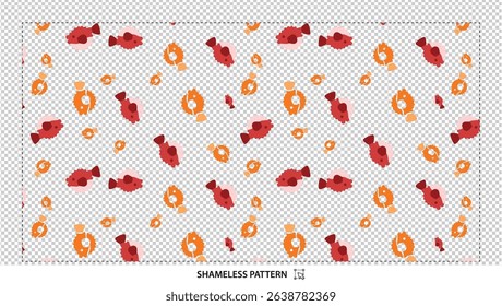 Seamless colorful cute fish pattern with red and orange marine animals on transparent background