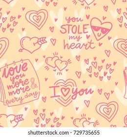 Seamless colorful cute outline pattern with love lettering calligraphy and hearts with arrows: I love you more and more every day, You stole my heart. Background, print, textile design 