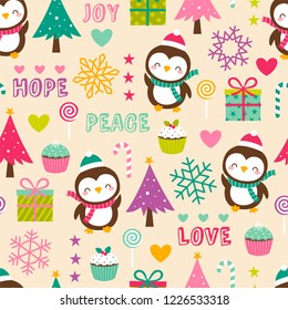 Seamless of colorful cute penguin and decorative elements for christmas and new year background