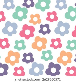 Seamless Colorful Daisy Vector Pattern - Fun Floral Vector - Girls - Bright colors, simple, modern - Fabric design, stationery,
digital wallpapers, kids’ clothing, packaging, scrapbooking.