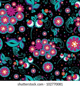 Seamless colorful decorative floral pattern on a dark background