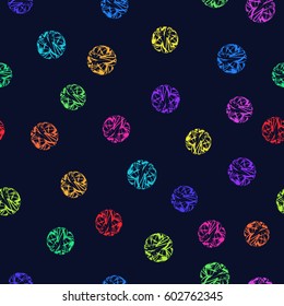 Seamless Colorful Decorative Ornament Polka Dot on Dark Backdrop. Continuous Pattern Colored Circles for Fabric, Textile, Wrapping Paper. Decorative Background of Abstract Spheres. 