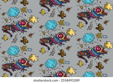 Seamless colorful decorative pattern with lizards