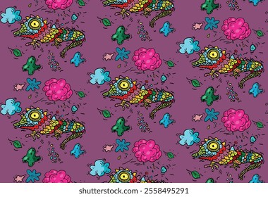 Seamless colorful decorative pattern with lizards