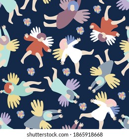 Seamless colorful decorative vector pattern of magic micro world with fairies in pastel colors on dark blue. The design is perfect for backgrounds, textiles, home decor, sheets, wrapping paper