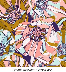 Seamless colorful design stylised flowers lush peony. The design is perfectly suitable for clothes design, children s decoration, wallpaper and backgrounds.