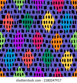 Seamless colorful diamond geometric pattern. Hand drawn dotted texture ornament. Simple folk repeat tracery. Minimalist design for web, cover, fabric, textile, fashion.