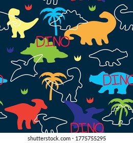 patrón de dinosaurios coloridos y sin fisuras, patrón de silueta de dinosaurios