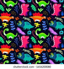 Seamless Colorful Dinosaurs Pattern. Tyrannosaurus Rex, Spinosaurus, Triceratops, Brontosaurus Doodles. Vector Illustration EPS 10.