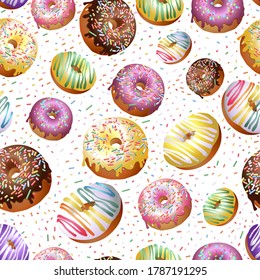 Seamless colorful donut and candies on white background