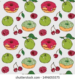 Seamless colorful donut & fruit pattern in vector