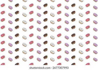 Nahtloses buntes Donut-Muster mit rosa, Schokolade, Vanille und violetter Glasur. Nettes süßes Dessert-Design, perfekt für Kinderprojekte, Tapeten, Verpackungen, Textilien und Backwarenthemen