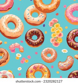 Seamless colorful donut pattern vector illustration of sweet delicacies