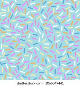 Seamless colorful donuts glaze pattern with sprinkles. Vector abstract geometric lines pattern. Memphis style background with small dashes lines.