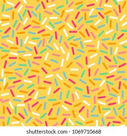 Donuts de color sin inoxidable acristalan el patrón con espolvorines. Patrón de líneas geométricas abstractas vectoriales. Fondo de estilo memphis con líneas de guiones pequeños.