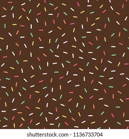 Seamless colorful donuts glaze pattern with sprinkles. Vector abstract geometric lines pattern. Memphis style background with small dashes lines. Ice cream decoration.