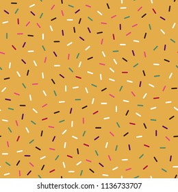 Seamless colorful donuts glaze pattern with sprinkles. Vector abstract geometric lines pattern. Memphis style background with small dashes lines. Ice cream decoration.