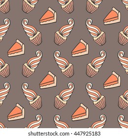 Seamless colorful doodle cake pattern.