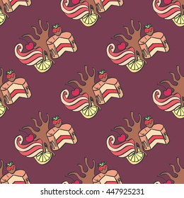 Seamless colorful doodle cake pattern.