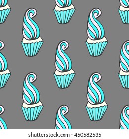 Seamless colorful doodle cake pattern.