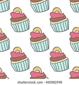Seamless colorful doodle cake pattern.